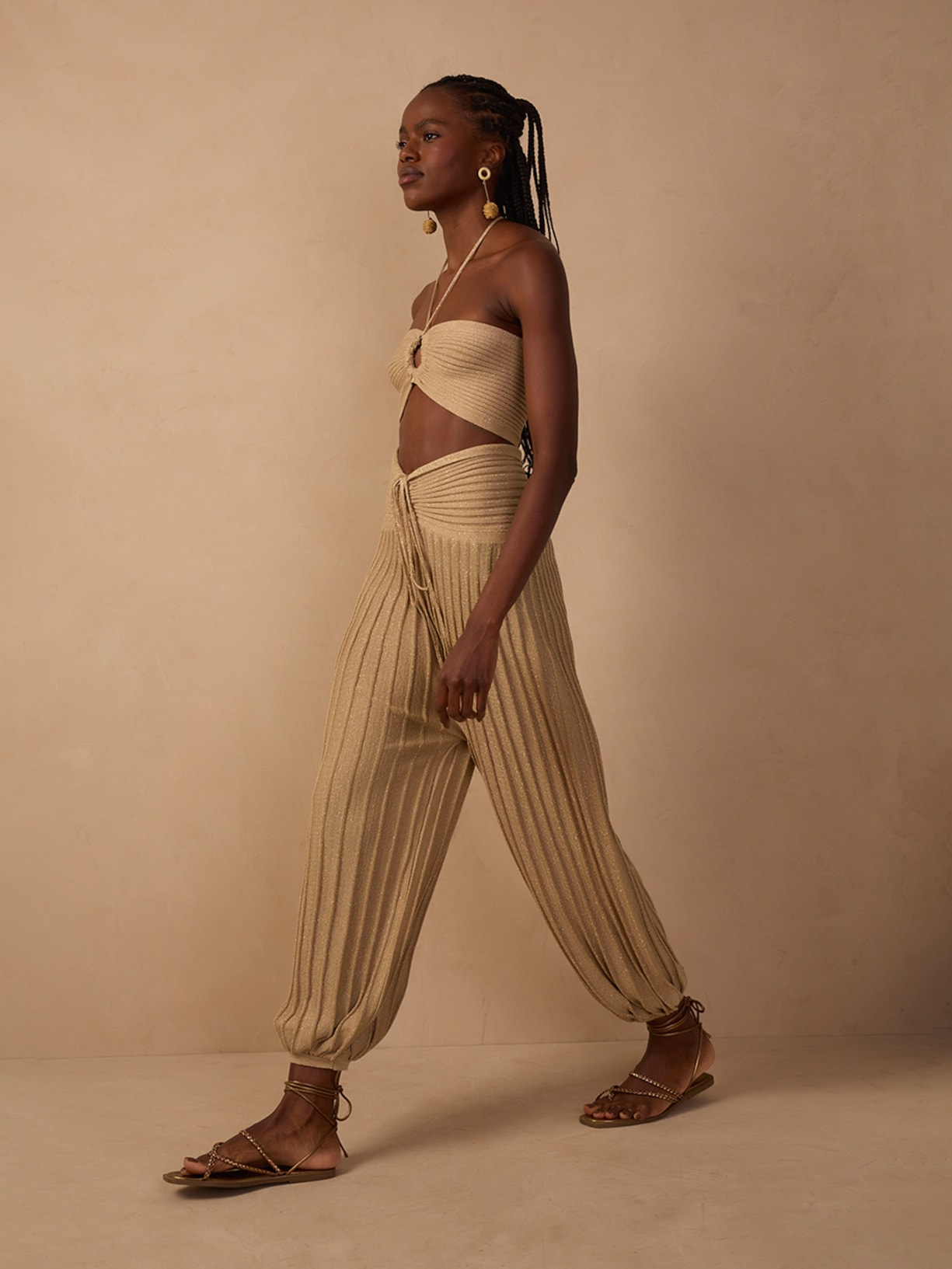 Calça Feminina Tricot Pala Franzida Lurex Dourado Dress To