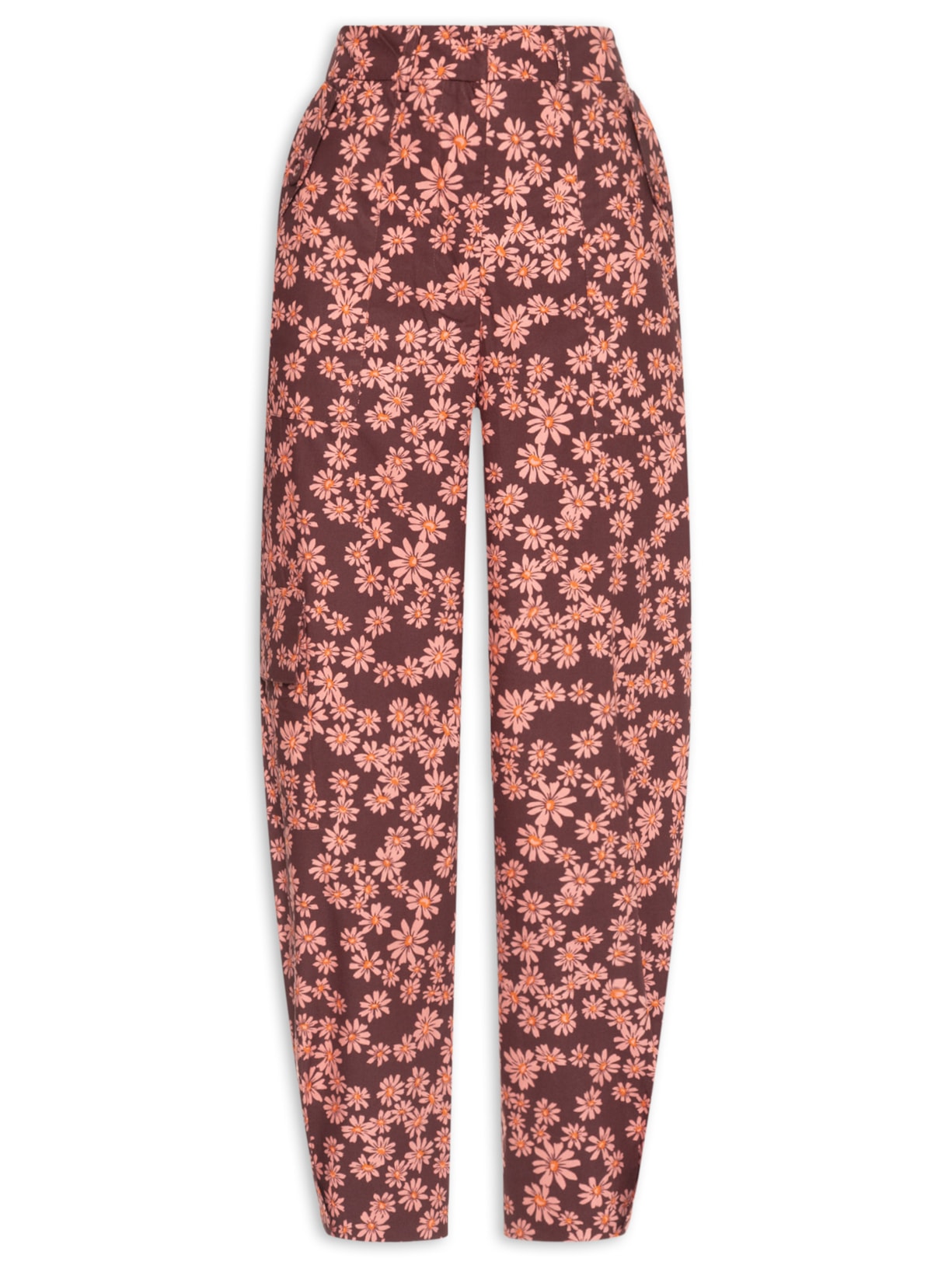 Calça Feminina Utilitária Estampa Margaridas - Marrom