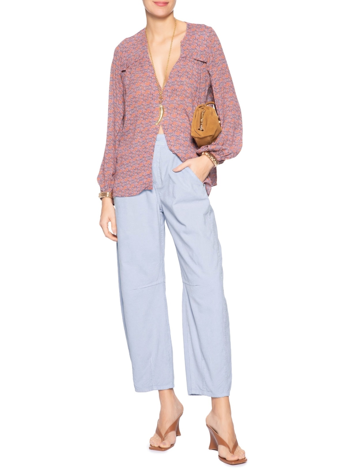 Calça Feminina Veludo Cotelê Barrel Pregas Azul Maria Filó
