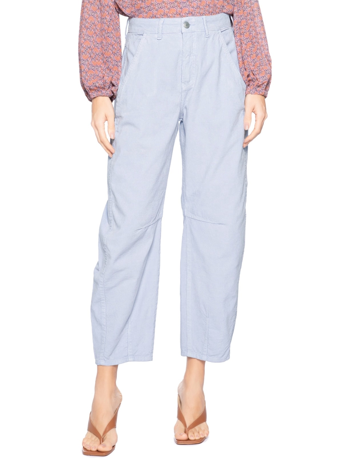 Calça Feminina Veludo Cotelê Barrel Pregas Azul Maria Filó