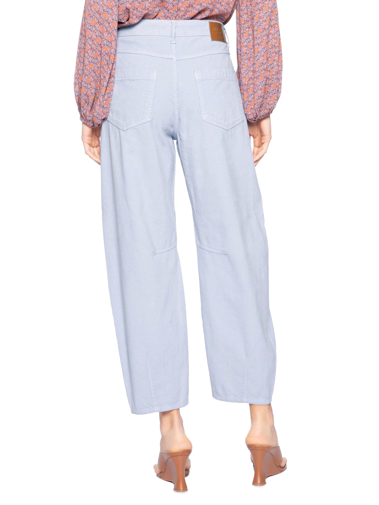 Calça Feminina Veludo Cotelê Barrel Pregas Azul Maria Filó