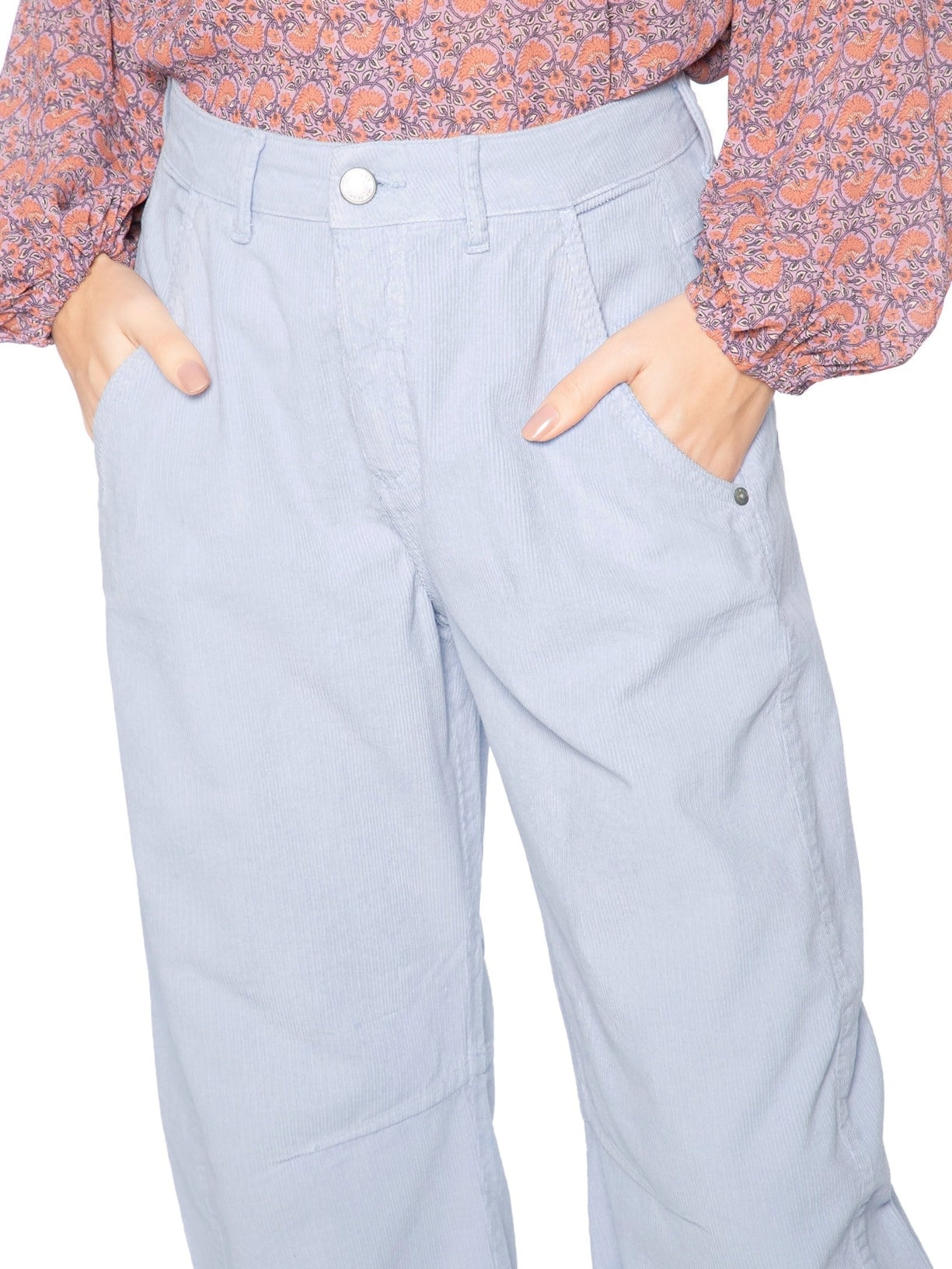 Calça Feminina Veludo Cotelê Barrel Pregas Azul Maria Filó