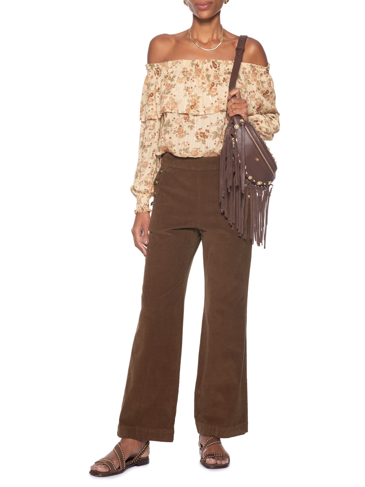 Calça Feminina Veludo Cotelê Reta Botões Marrom Maria Filó