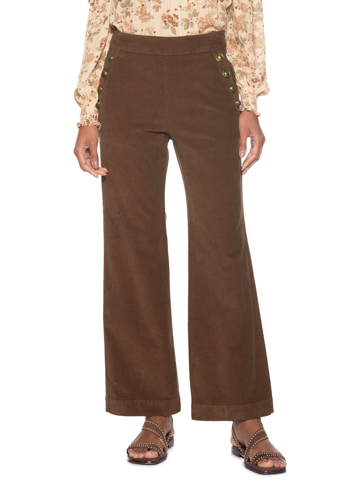 Calça Feminina Veludo Cotelê Reta Botões Marrom Maria Filó