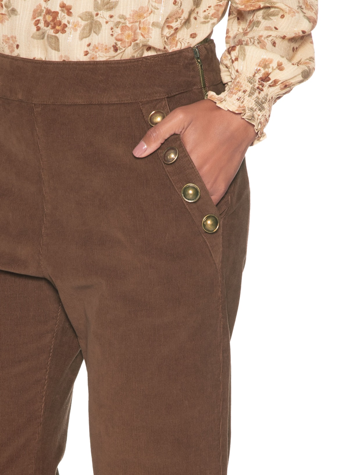 Calça Feminina Veludo Cotelê Reta Botões Marrom Maria Filó