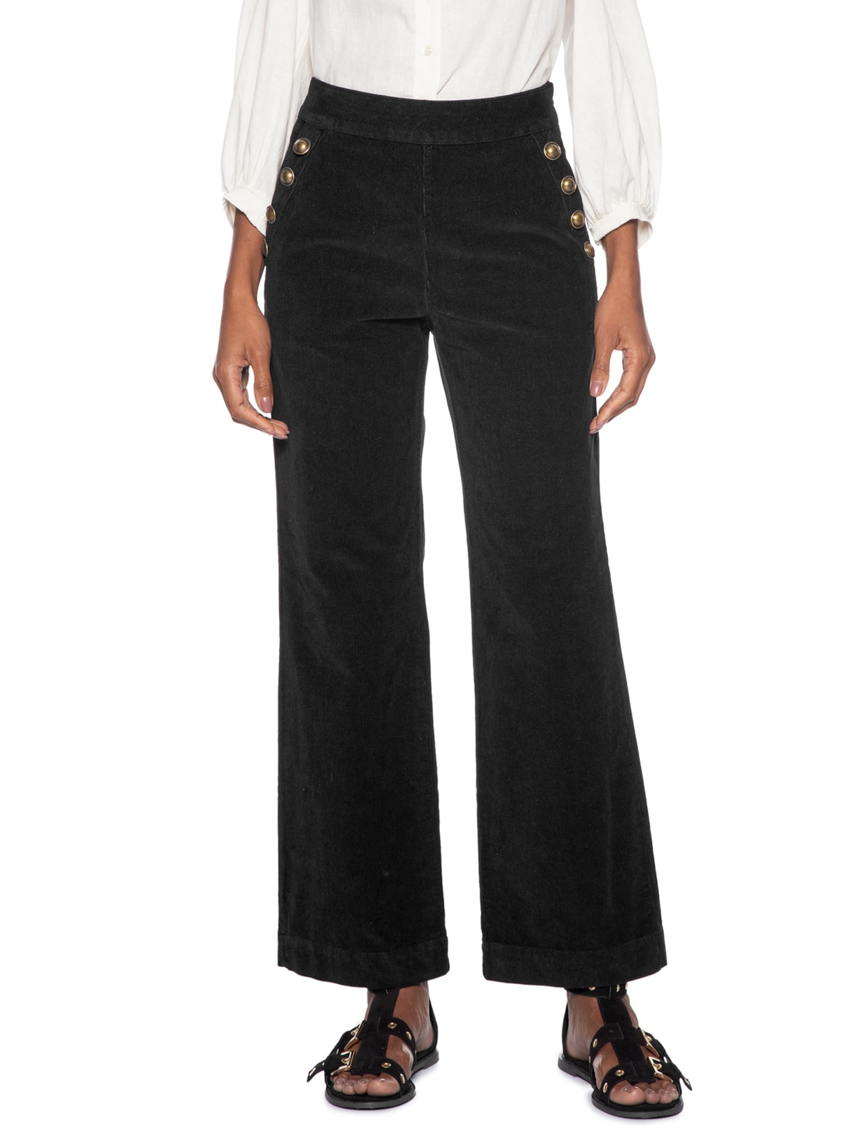 Calça Feminina Veludo Cotelê Reta Botões Preto Maria Filó