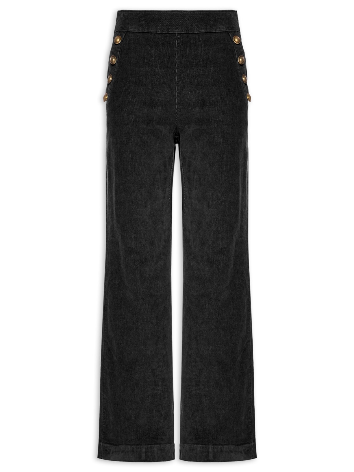 Calça Feminina Veludo Cotelê Reta Botões - Preto