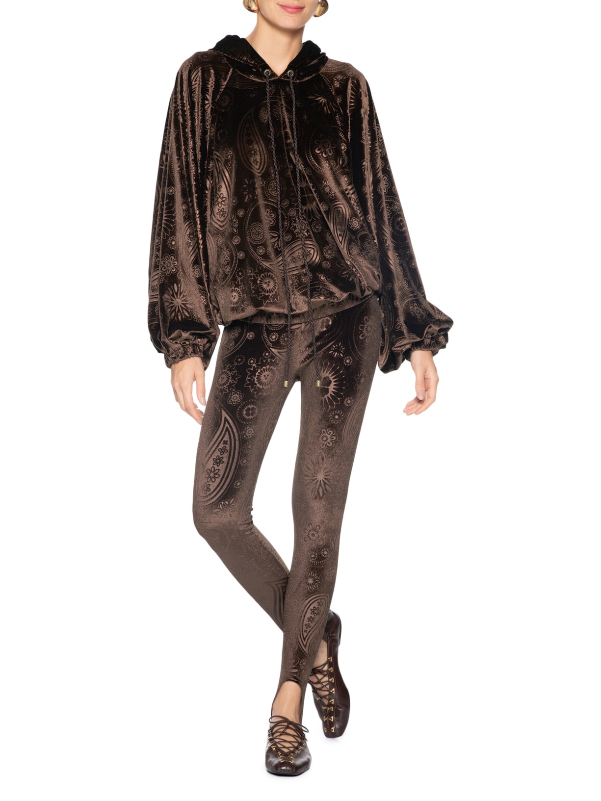 Calça Feminina Veludo Stamp Marrom Paula Raia