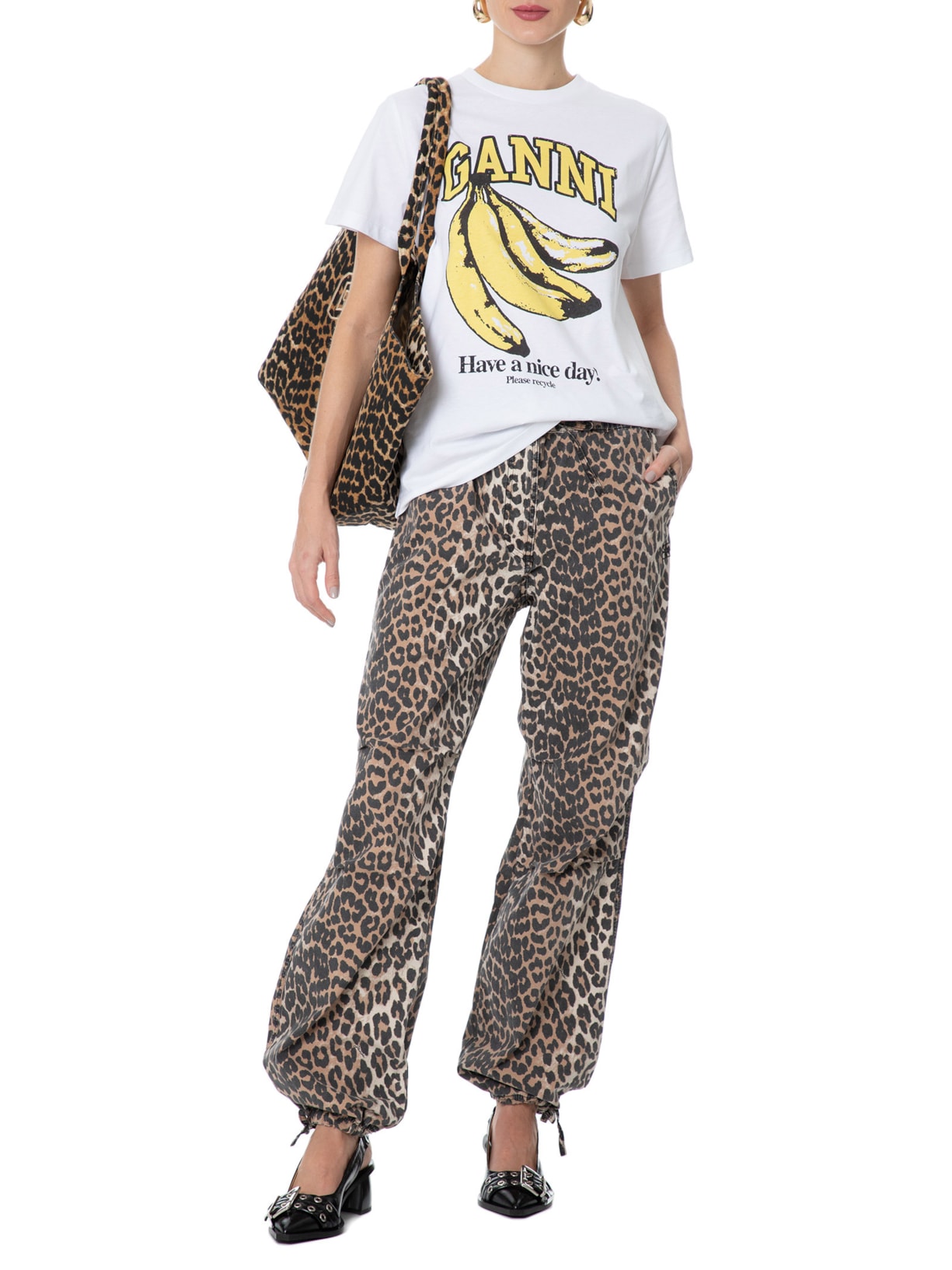 Calça Feminina Washed Cotton Canvas Draw String Pants Animal Print Ganni