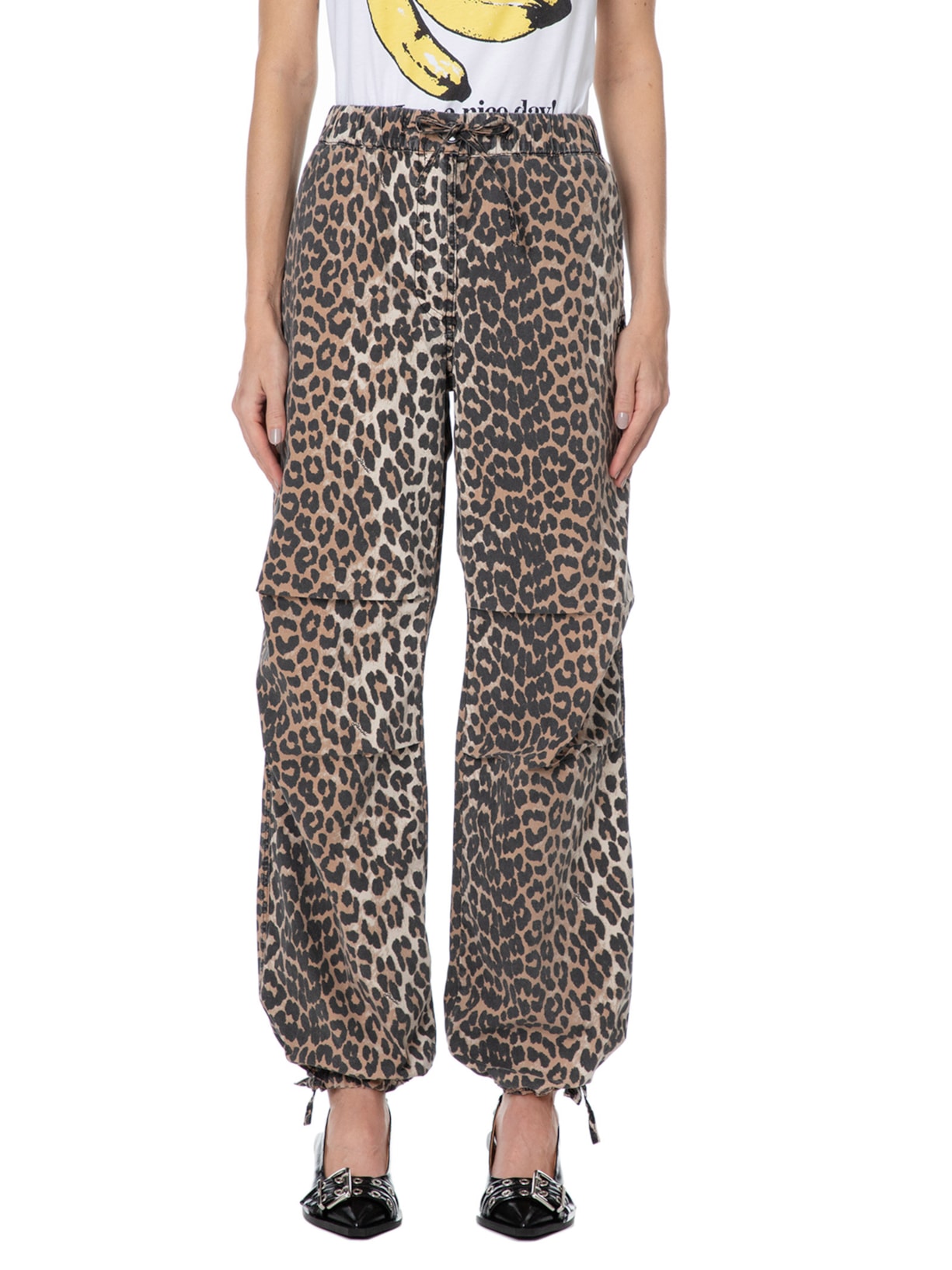 Calça Feminina Washed Cotton Canvas Draw String Pants Animal Print Ganni