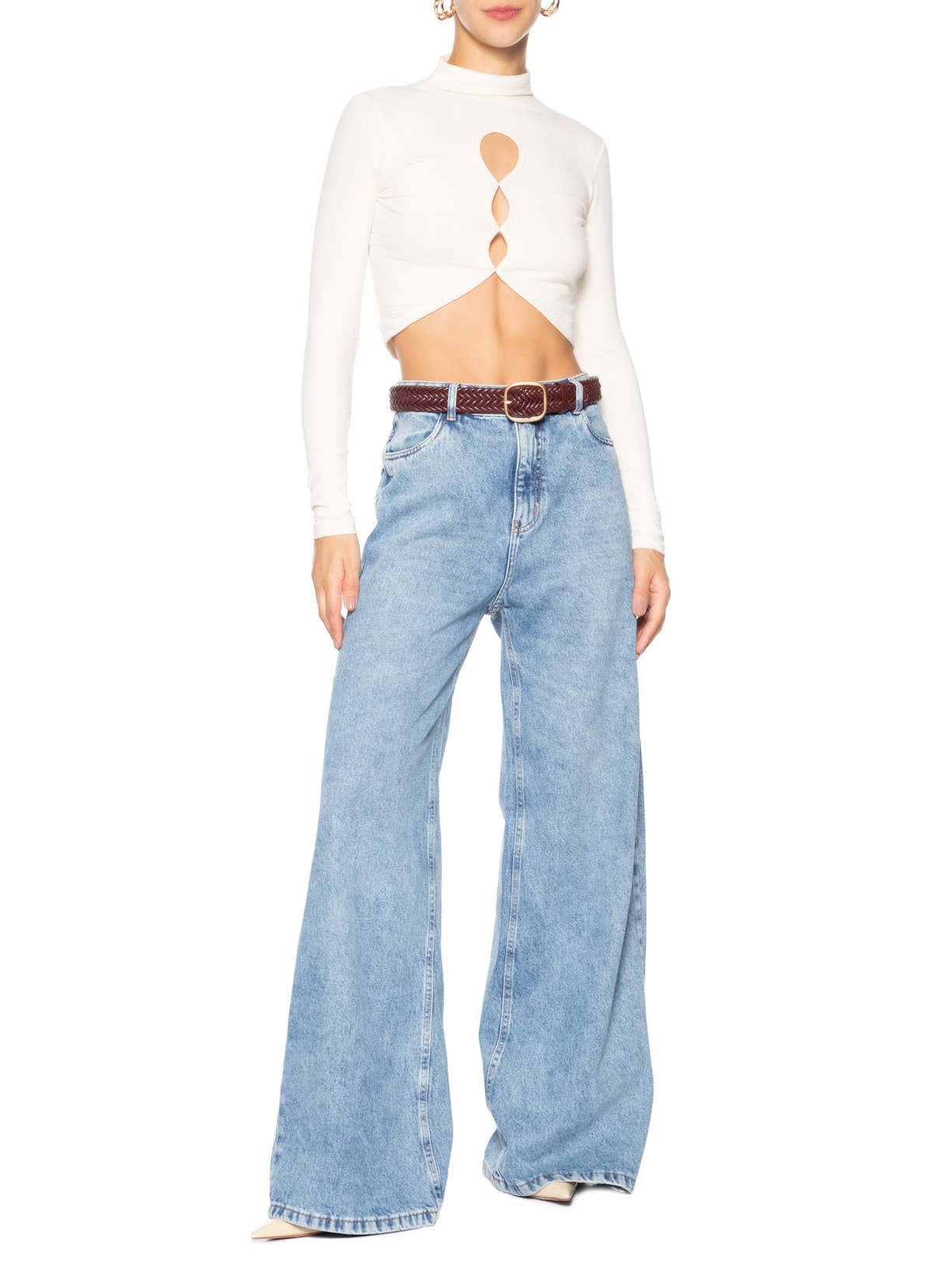 Calça Feminina Wide Leg Jeans Azul Market 33