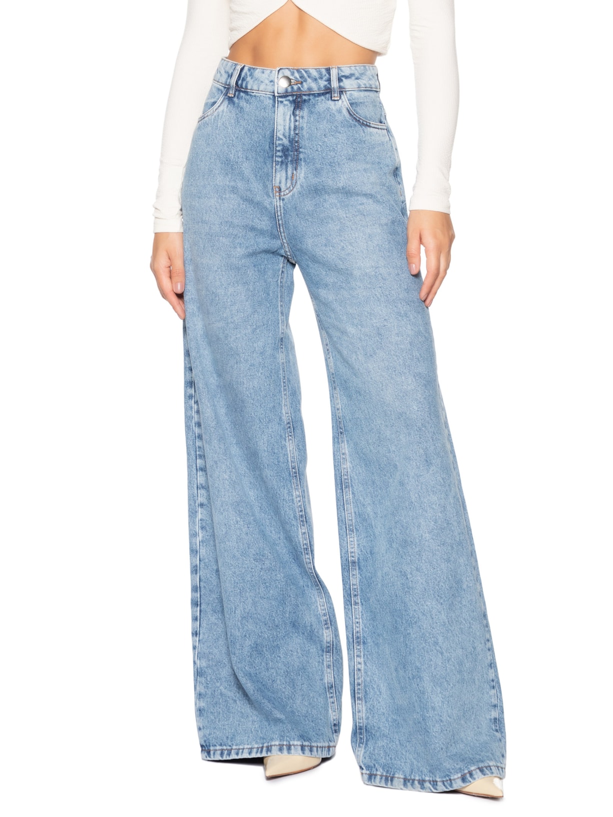Calça Feminina Wide Leg Jeans Azul Market 33