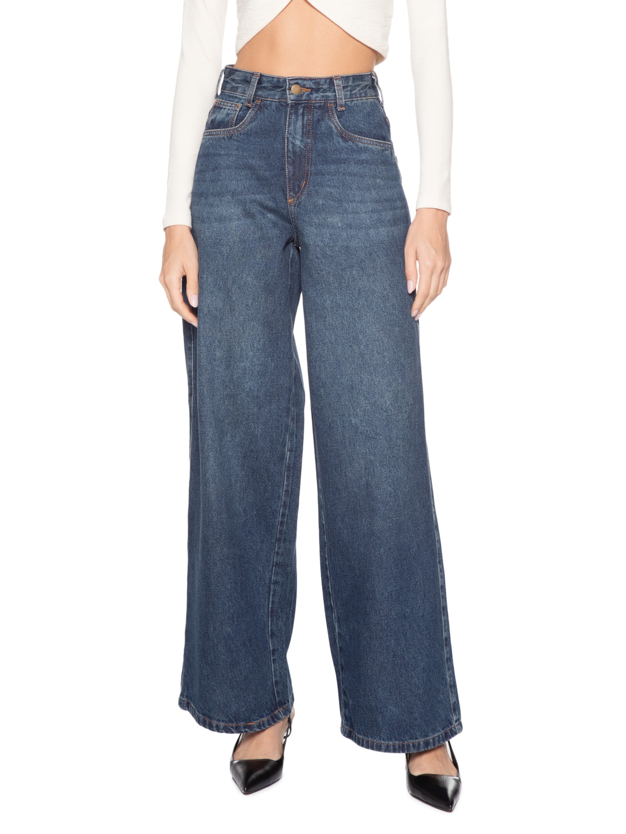 Calça Feminina Wide Leg Jeans Azul Market 33