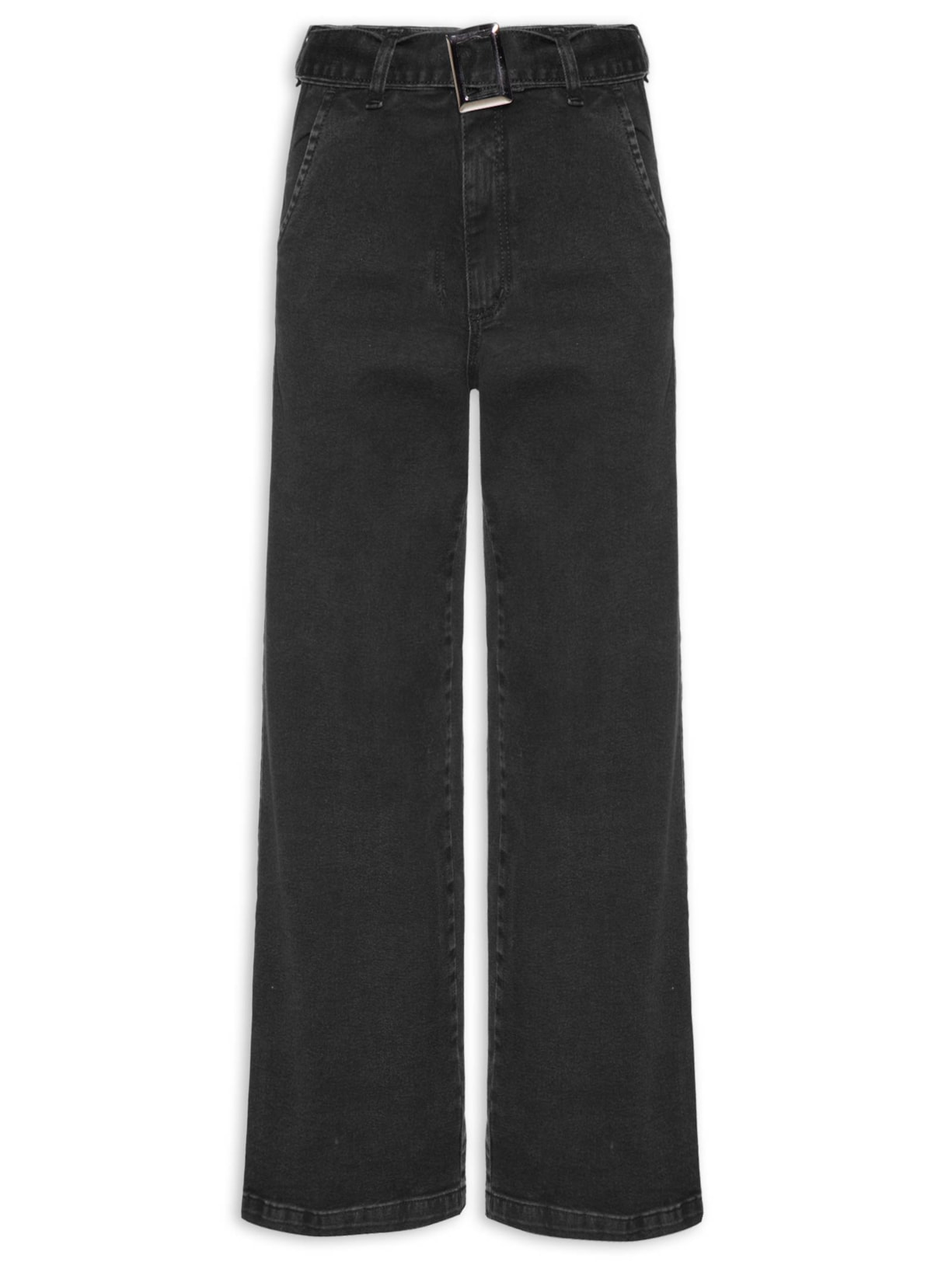 Calça Feminina Wide Leg Jeans Com Cinto Removível - Preto
