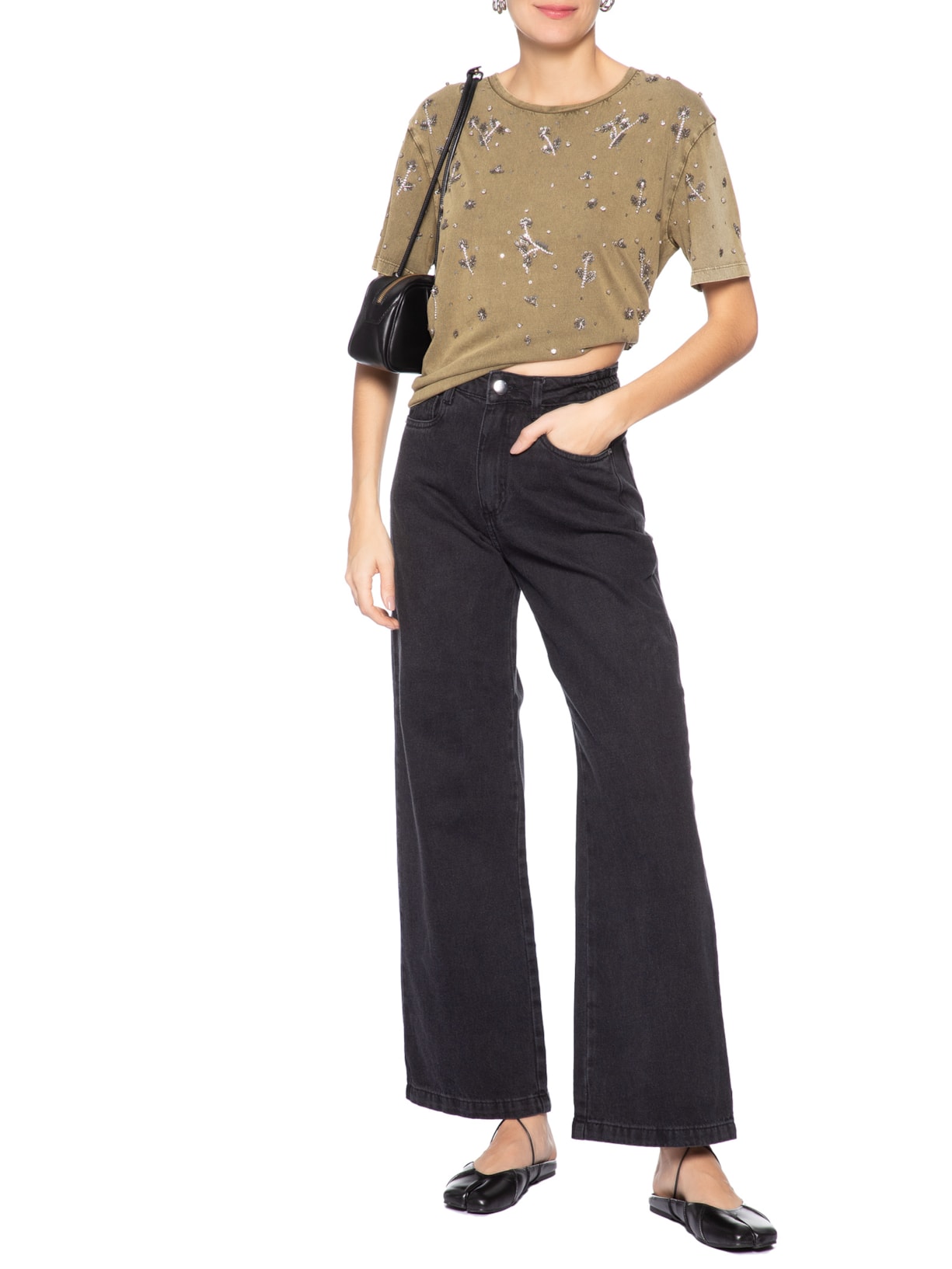 Calça Feminina Wide Leg Jeans Preto Market 33