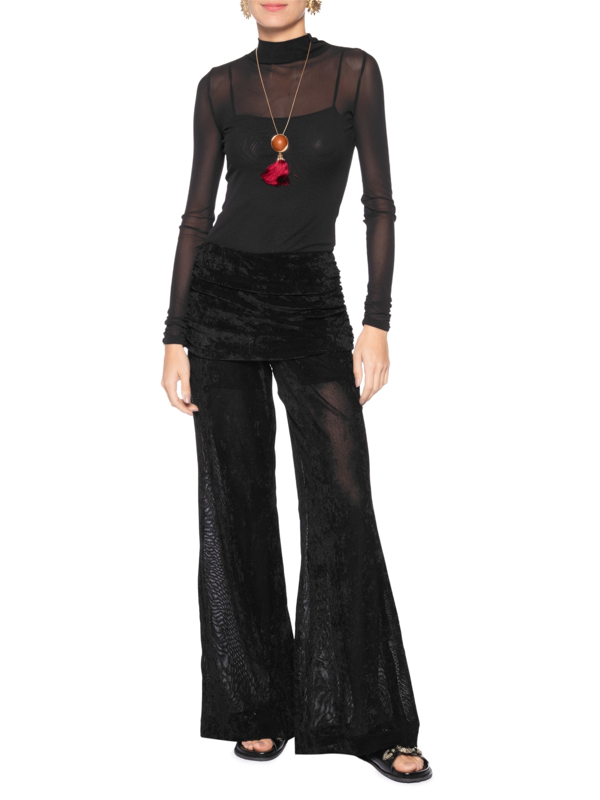 Calça Flare Pala Franzida Tule Veludo Preto Maria Filó