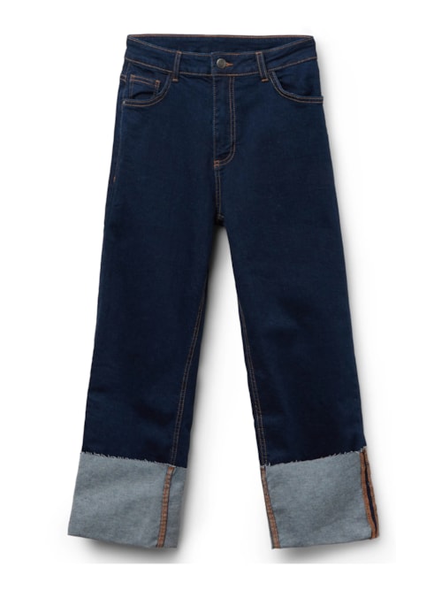 Calça Jeans Cropped Com Dobra Removível - Azul