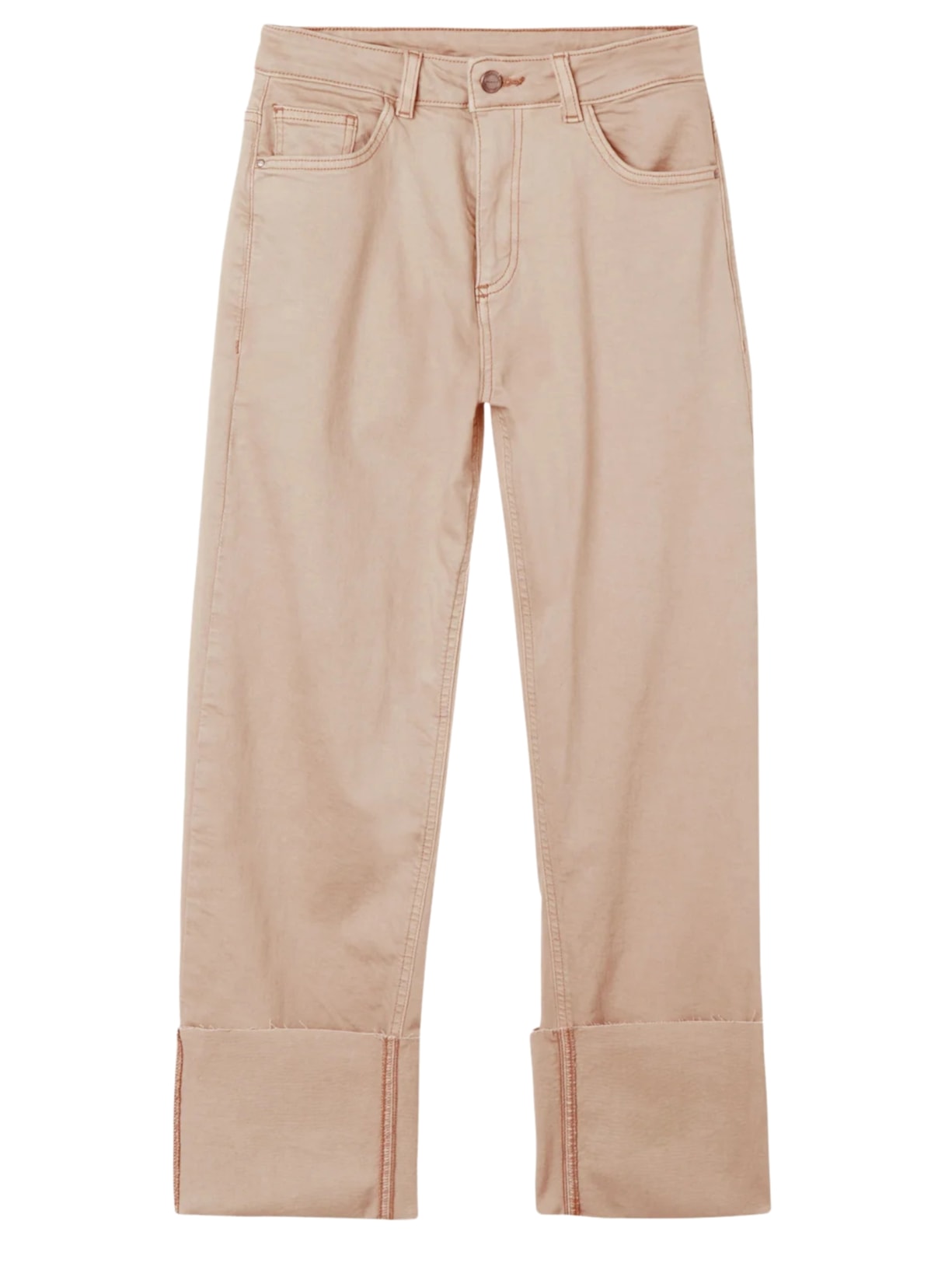 Calça Jeans Cropped Com Dobra Removível - Bege