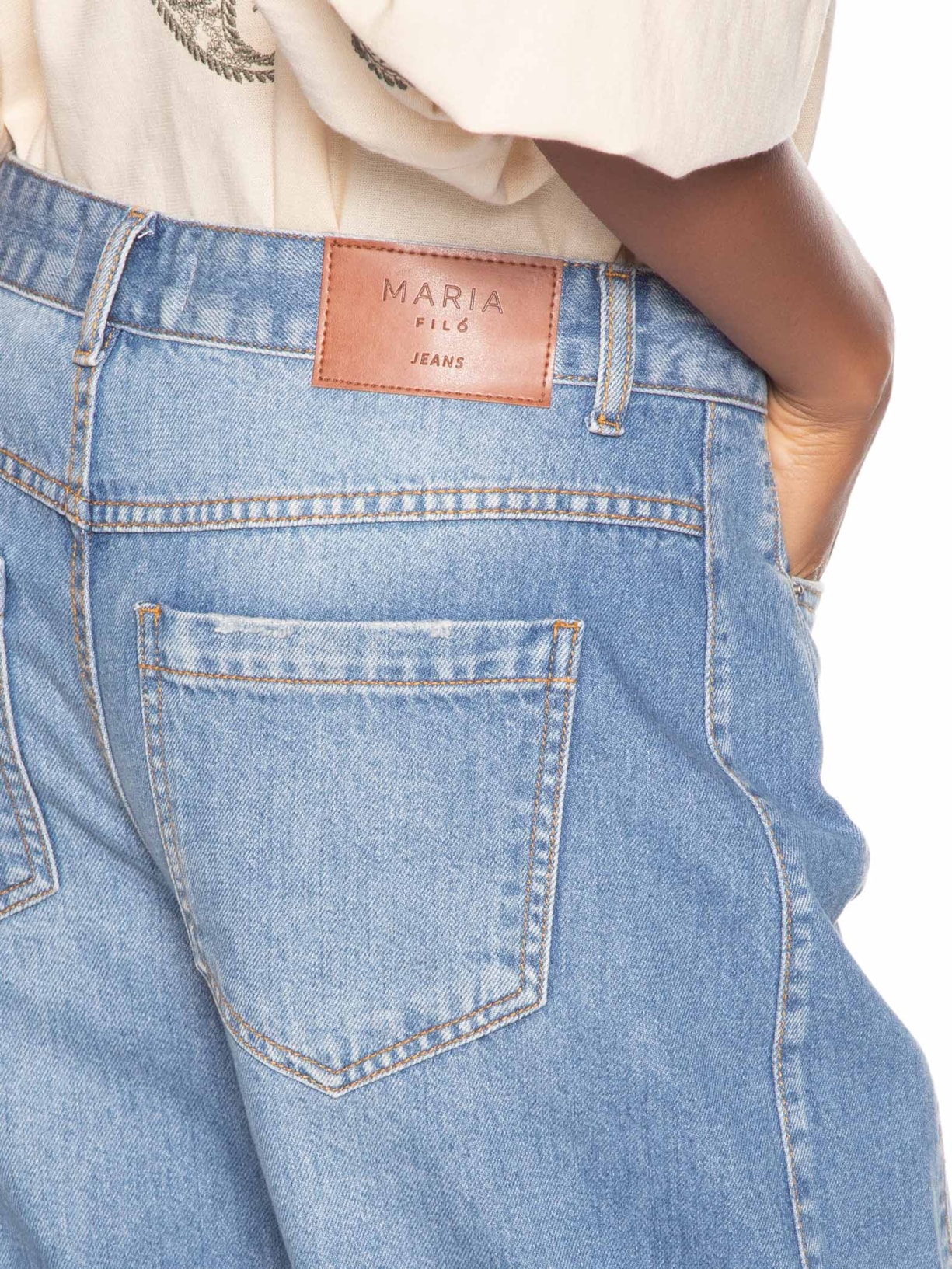 Calça Jeans Feminina Barrel Recorte Lateral Azul Maria Filó