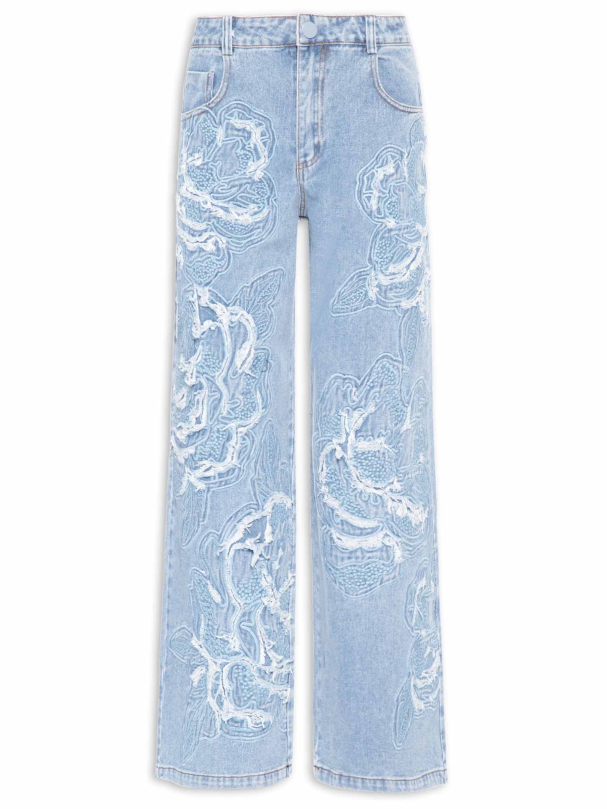 Calça Jeans Feminina Bordada Flor Azul Farm