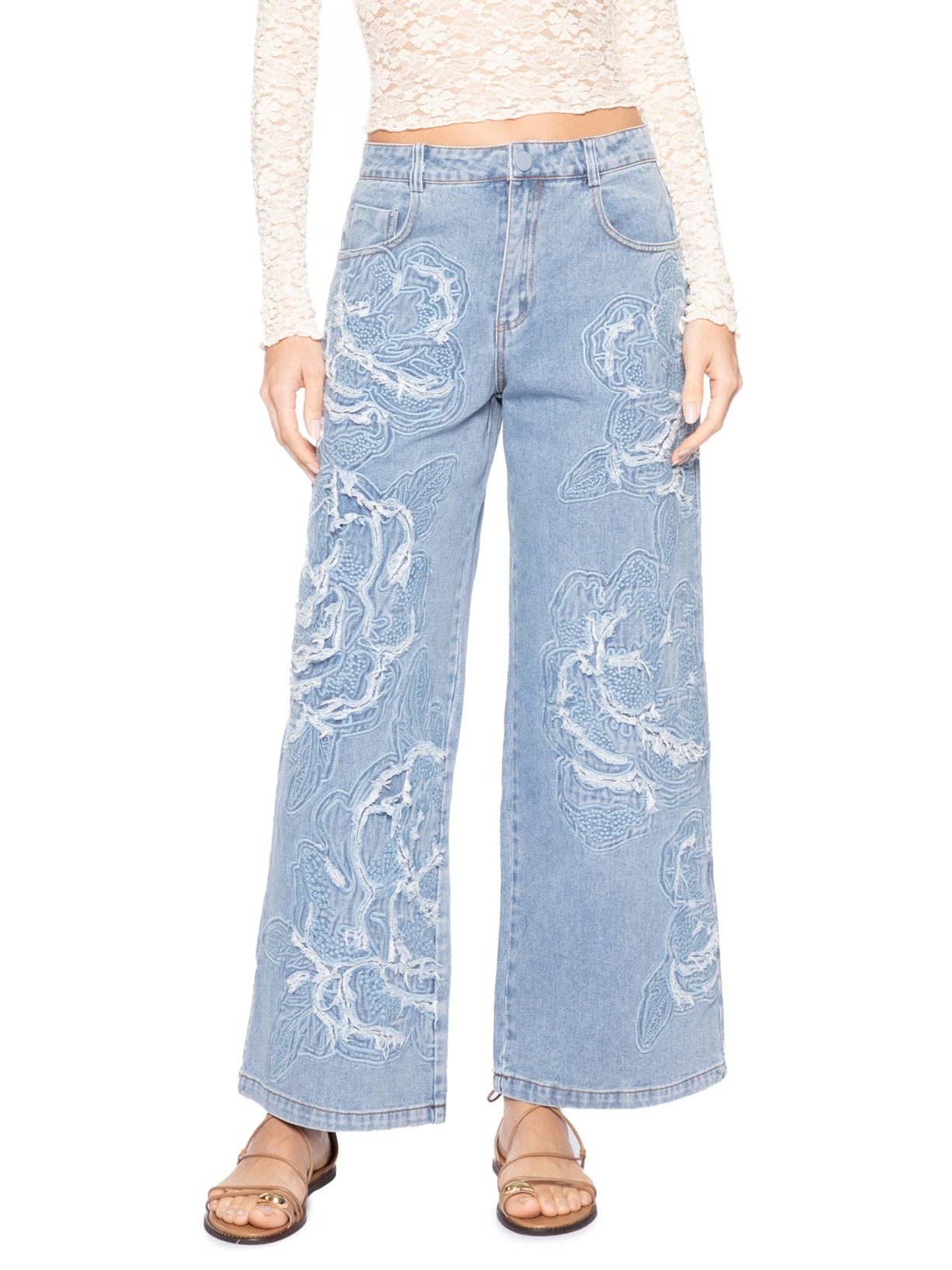 Calça Jeans Feminina Bordada Flor Azul Farm