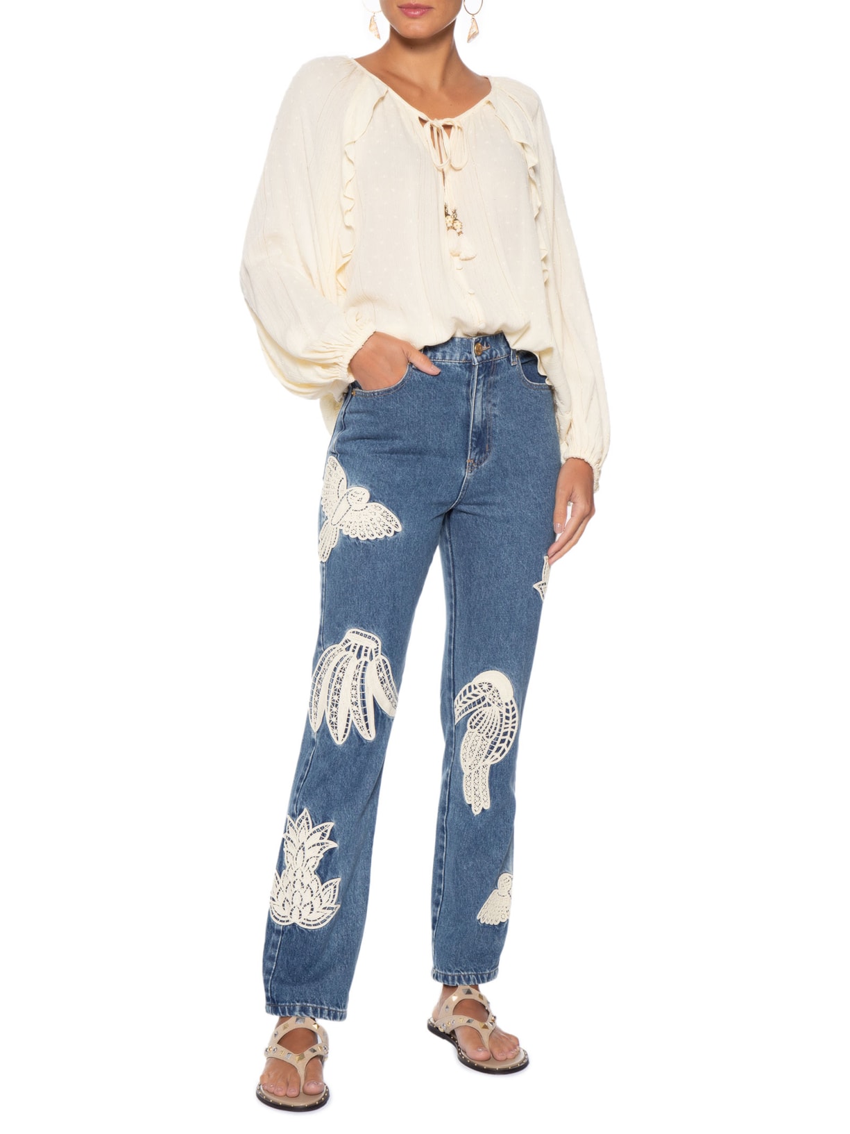 Calça Jeans Feminina Bordado Guipure Azul Farm