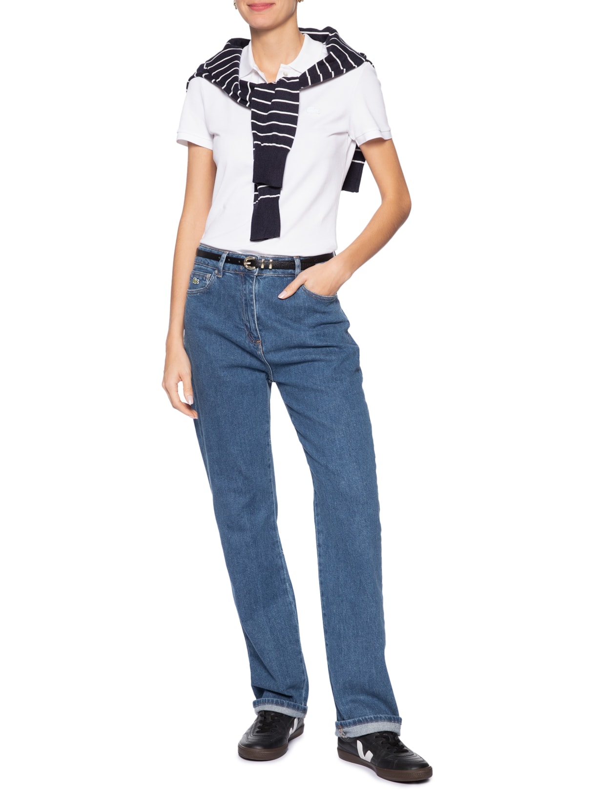 Calça Jeans Feminina  De Cintura Alta Com Caimento Reto  Azul Lacoste
