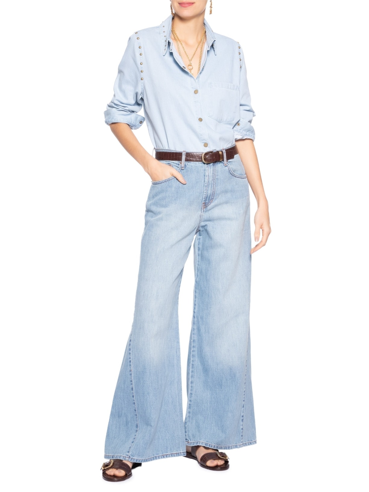 Calça Jeans Feminina Pantalona Nesgas  – Azul Maria Filó