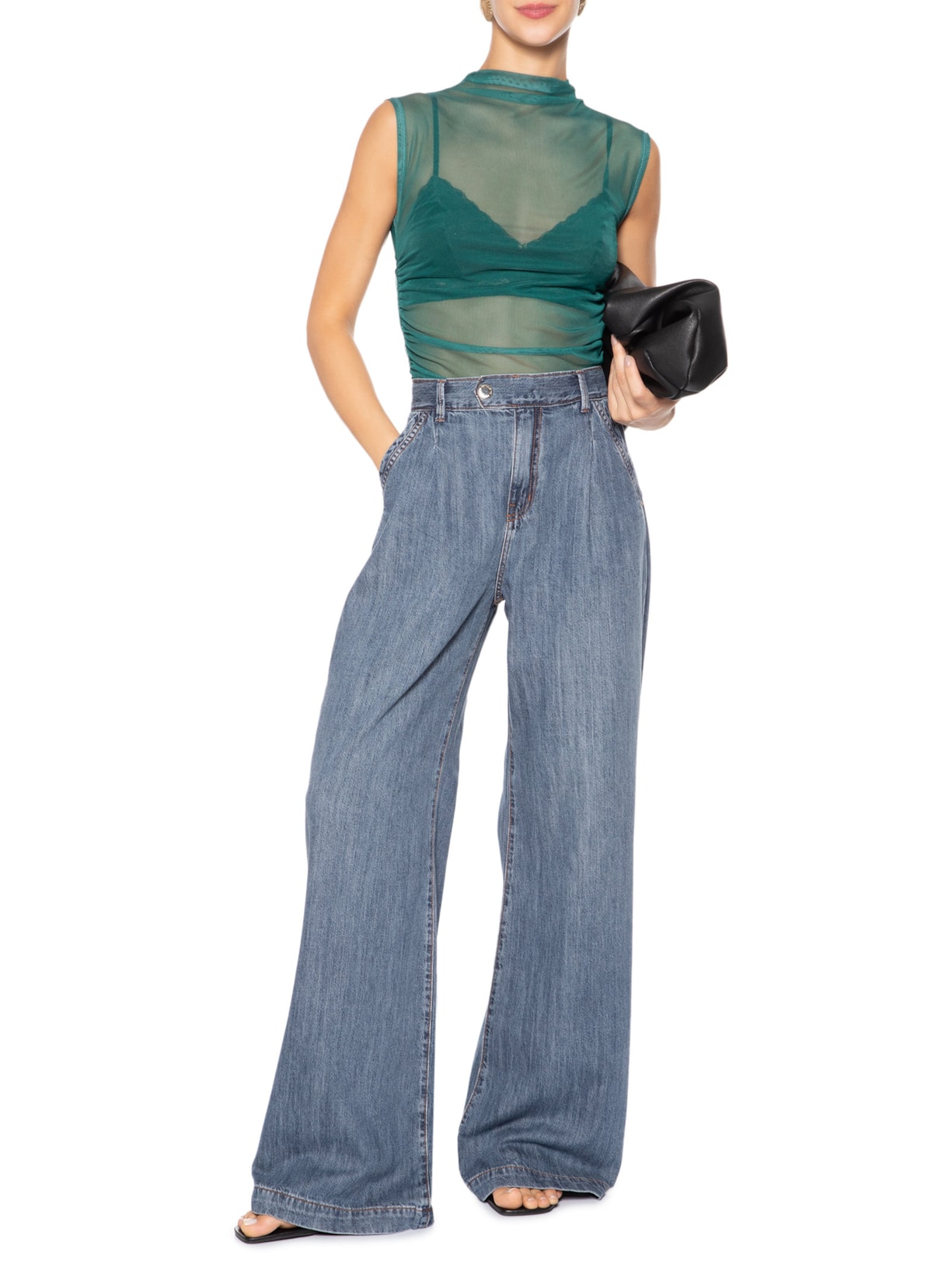 Calça Jeans Feminina Pantalona Pregas Azul Animale Jeans