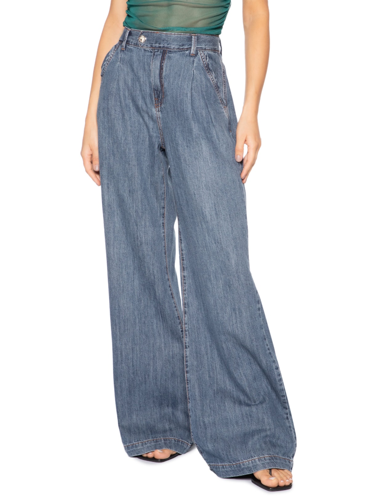 Calça Jeans Feminina Pantalona Pregas Azul Animale Jeans