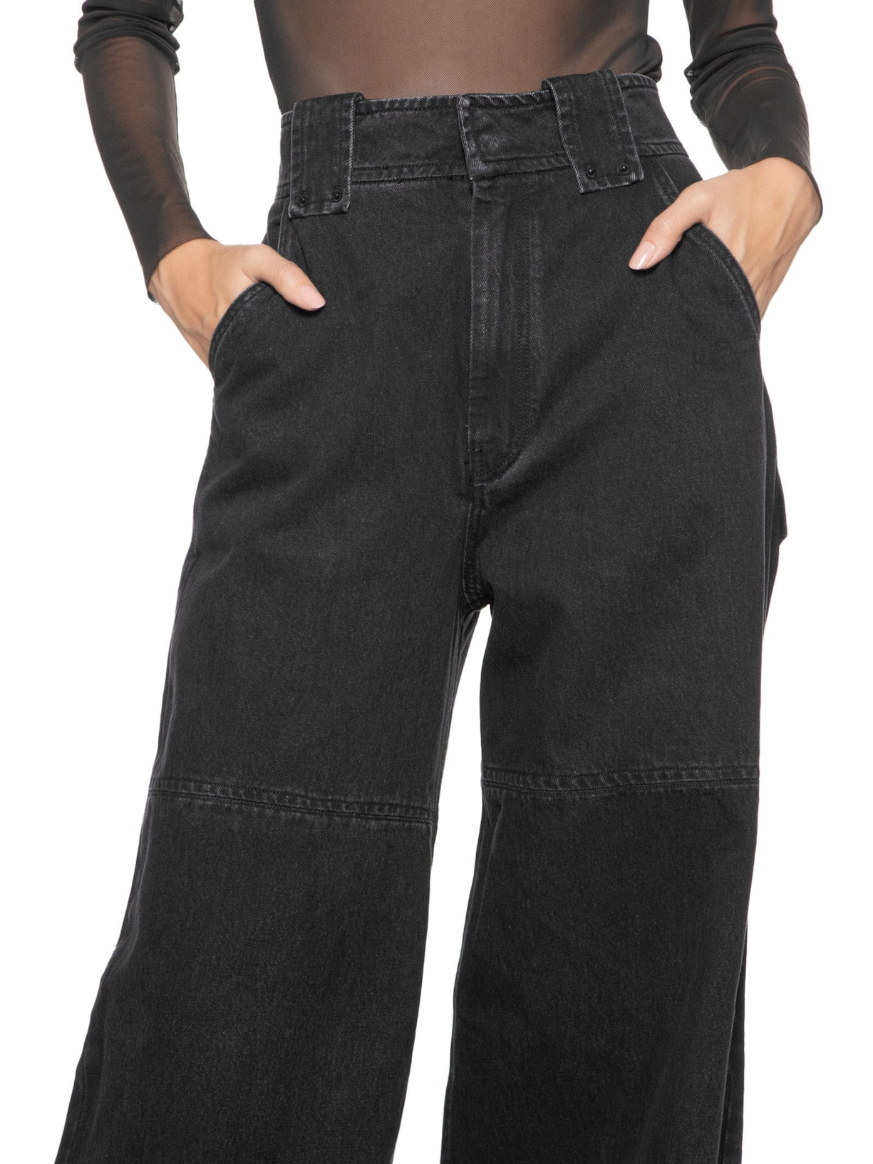 Calça Jeans Feminina Pantalona Recortes Na Perna Preto