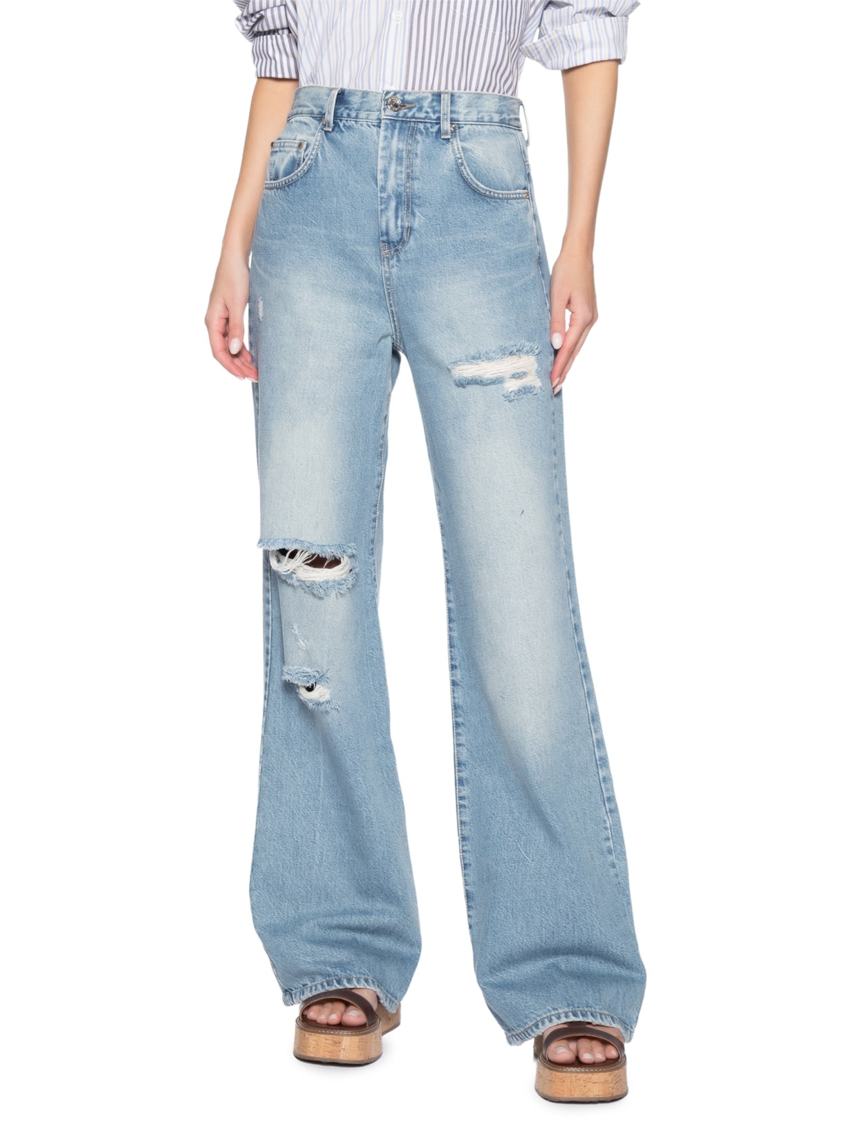 Calça Jeans Feminina Reta Básica Ripped Azul Animale