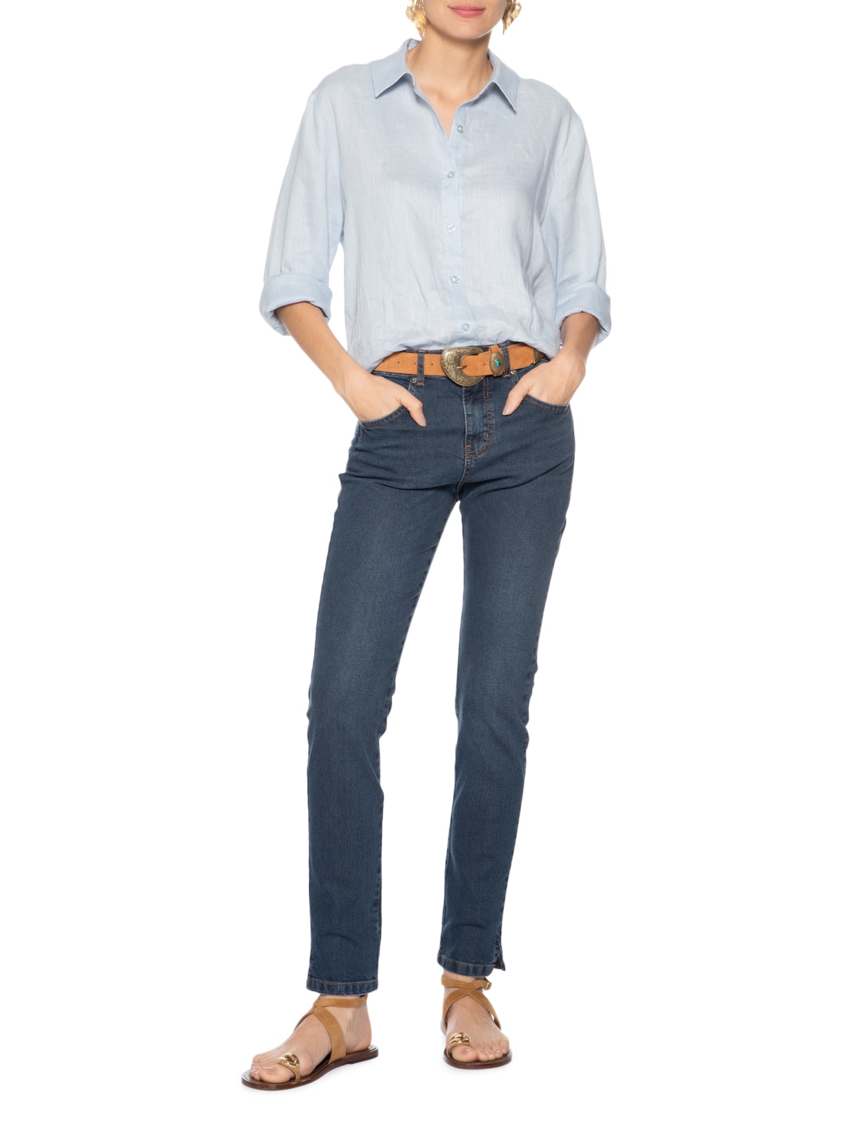 Calça Jeans Feminina Slim Com Fenda Azul Maria Filó