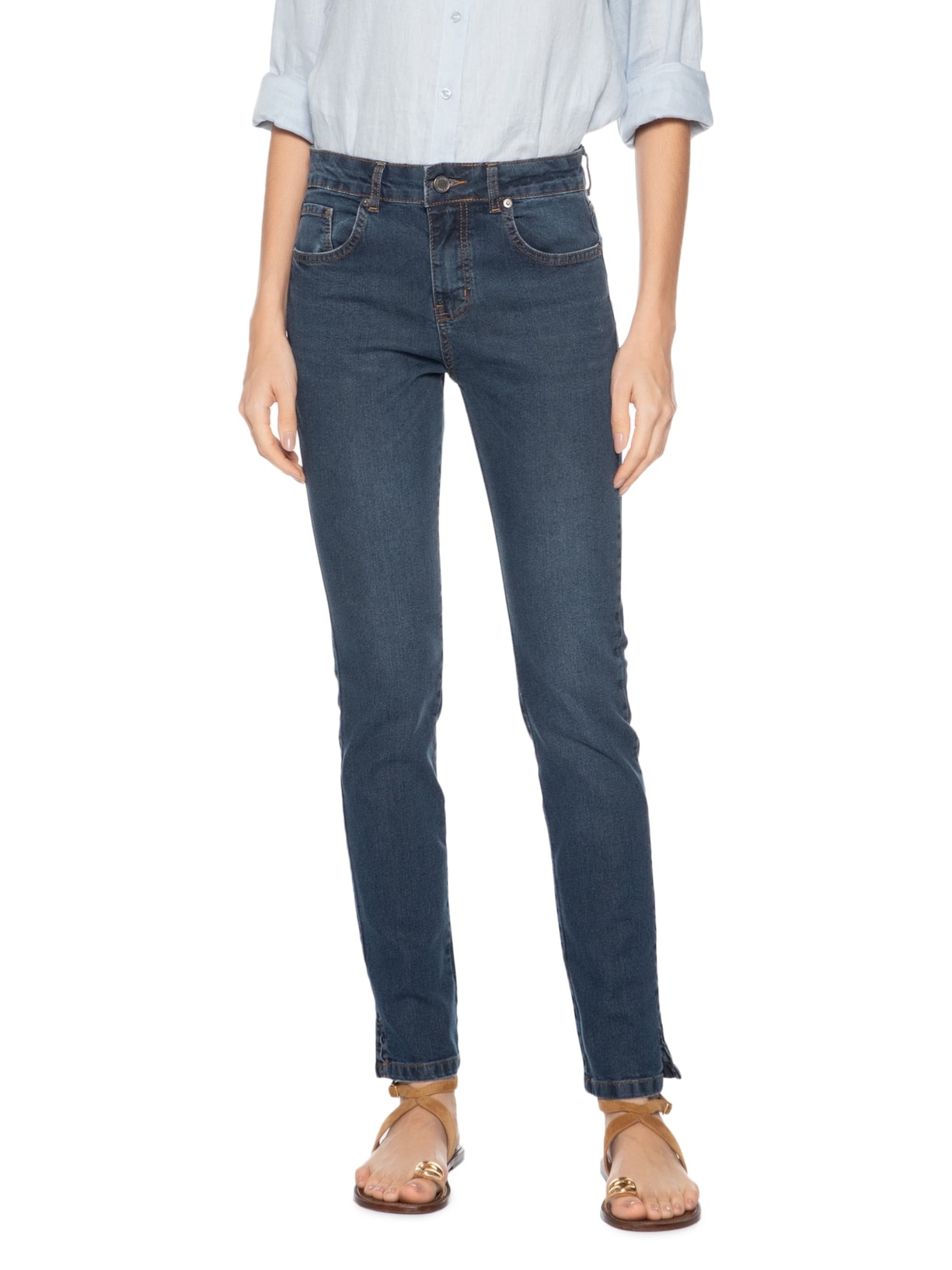 Calça Jeans Feminina Slim Com Fenda Azul Maria Filó