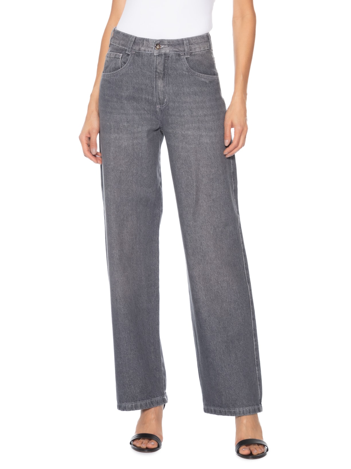 Calça Jeans Feminina Wide Leg Cinza Market 33