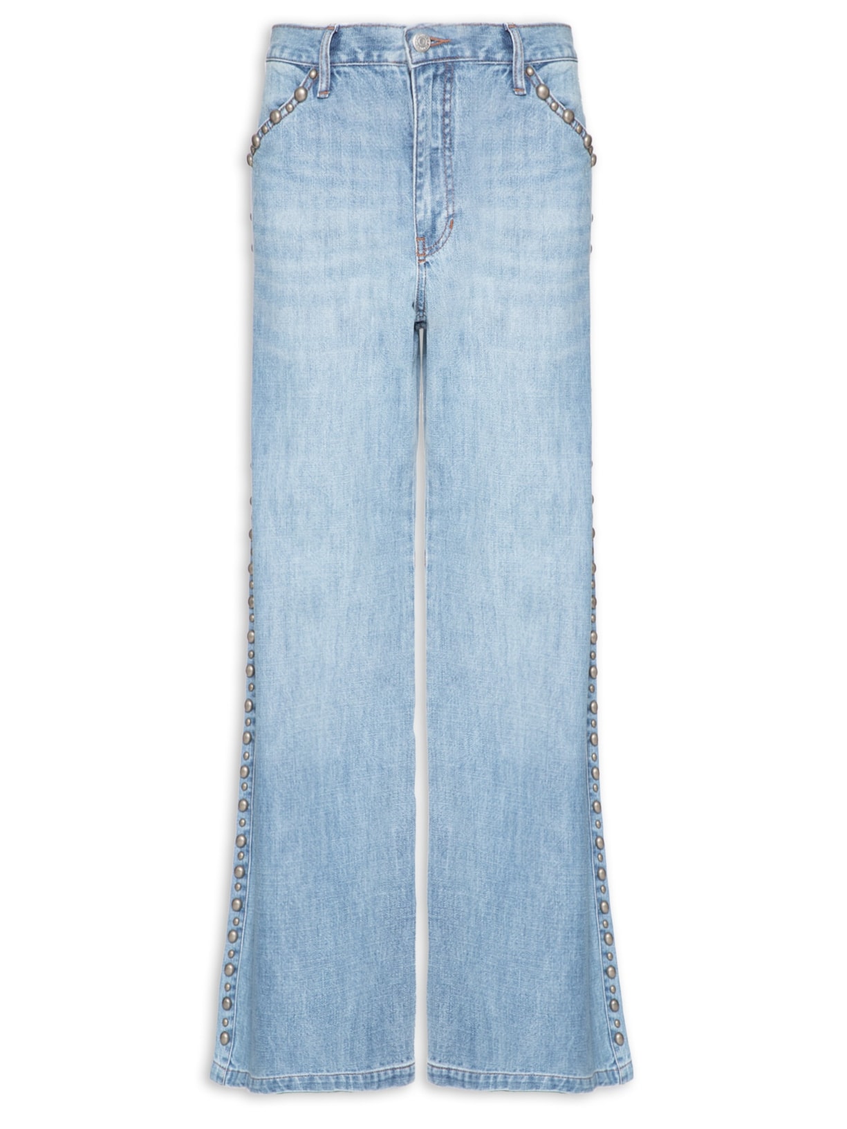 Calça Jeans Feminina Wide Leg Rebites Laterais Azul Maria Filó