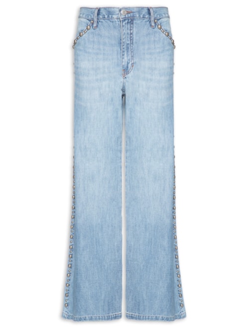 Calça Jeans Feminina Wide Leg Rebites Laterais - Azul