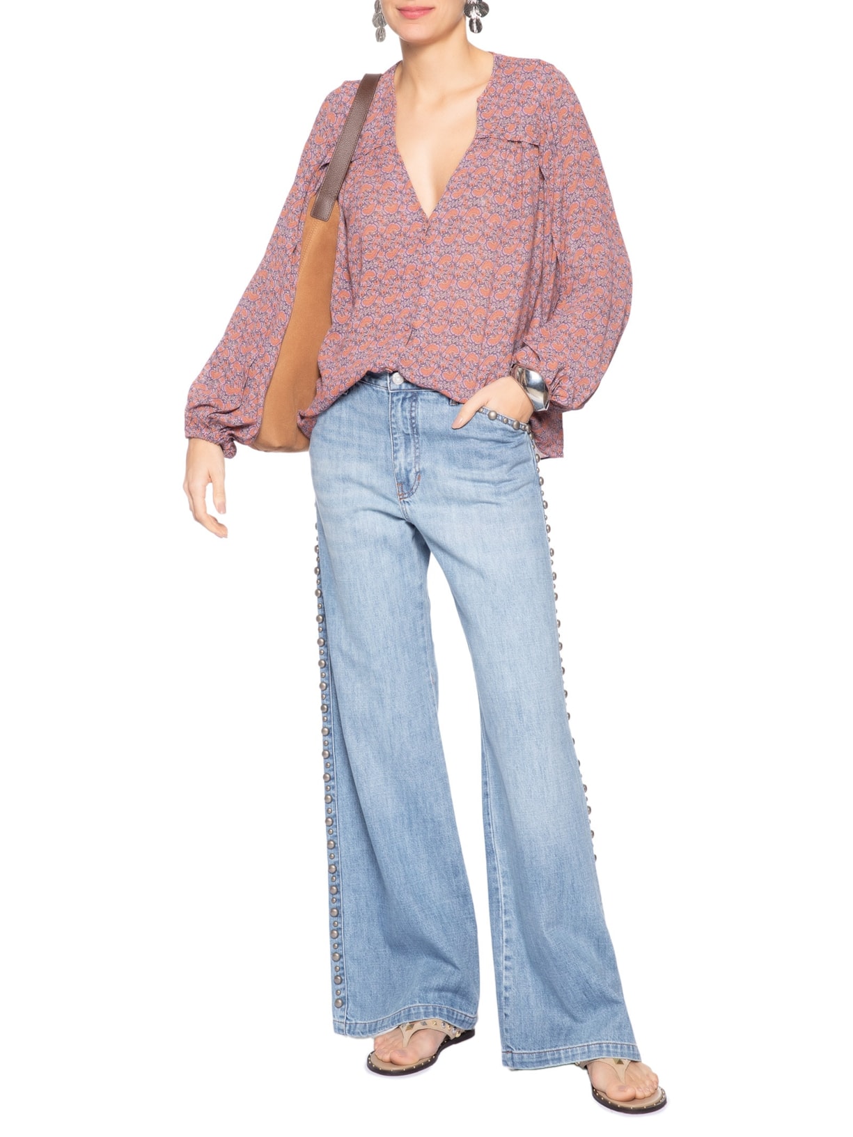 Calça Jeans Feminina Wide Leg Rebites Laterais Azul Maria Filó