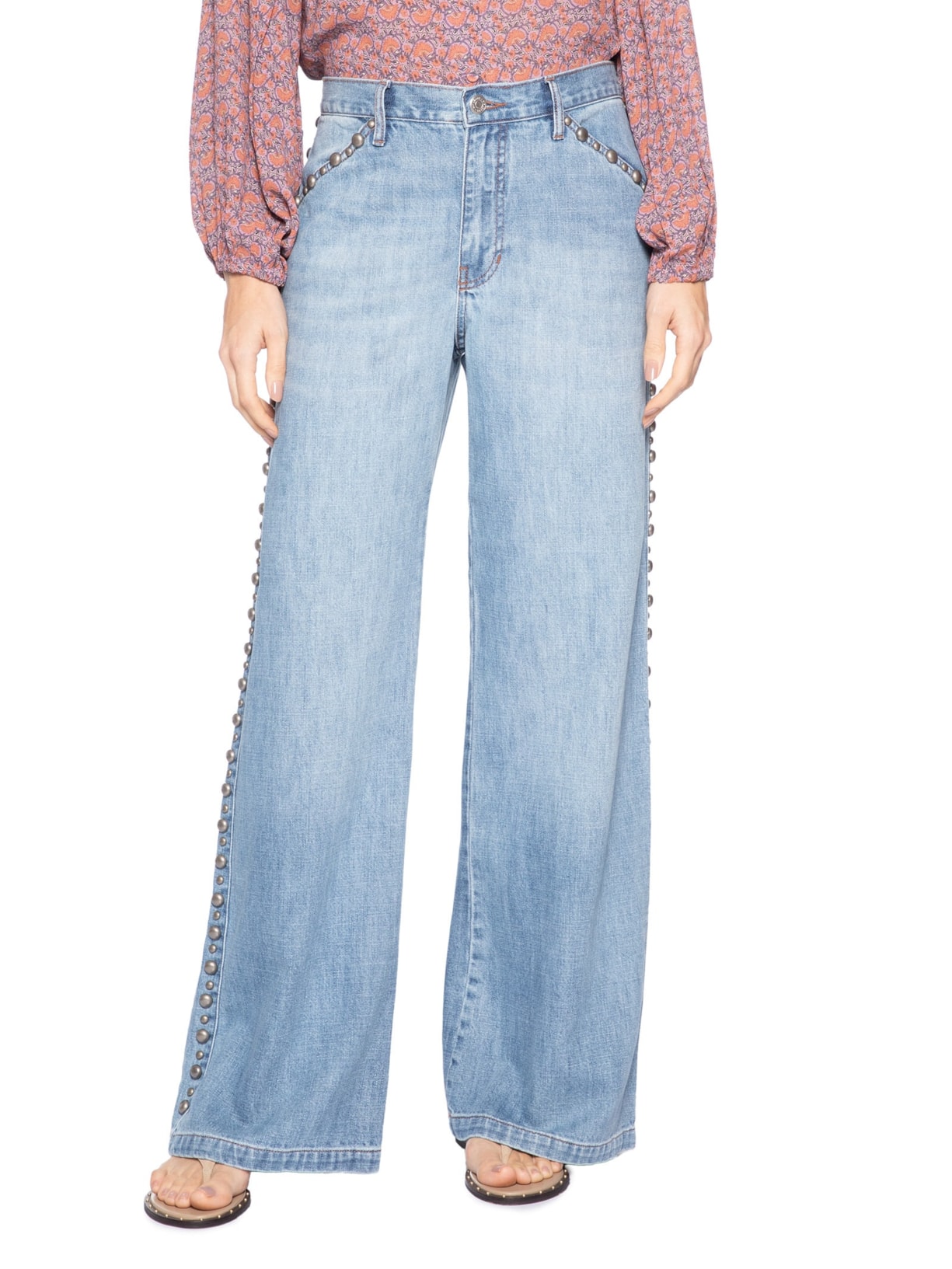 Calça Jeans Feminina Wide Leg Rebites Laterais Azul Maria Filó