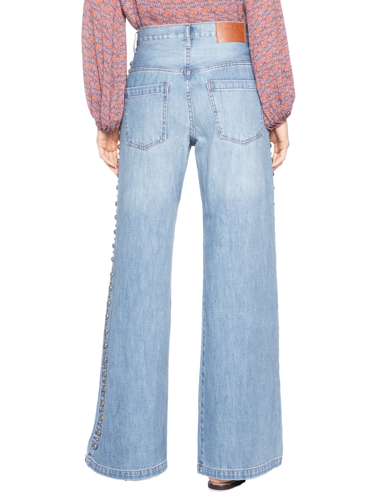 Calça Jeans Feminina Wide Leg Rebites Laterais Azul Maria Filó
