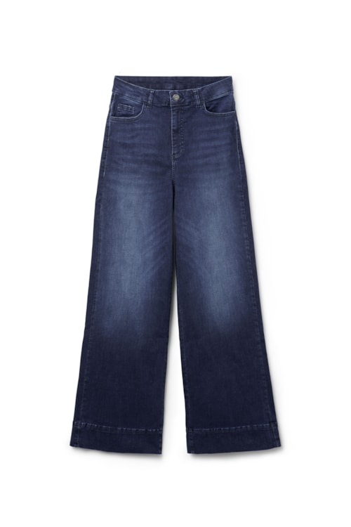 Calça Jeans Pantalona Em Algodão - Azul