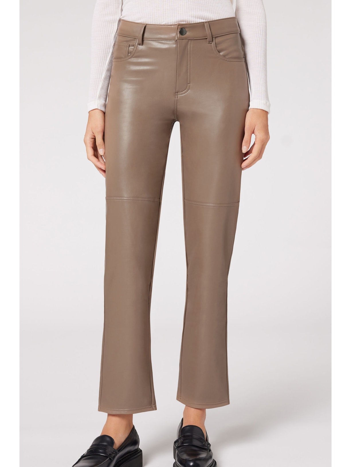 Calça Legging Reta Térmica Efeito Couro Marrom1