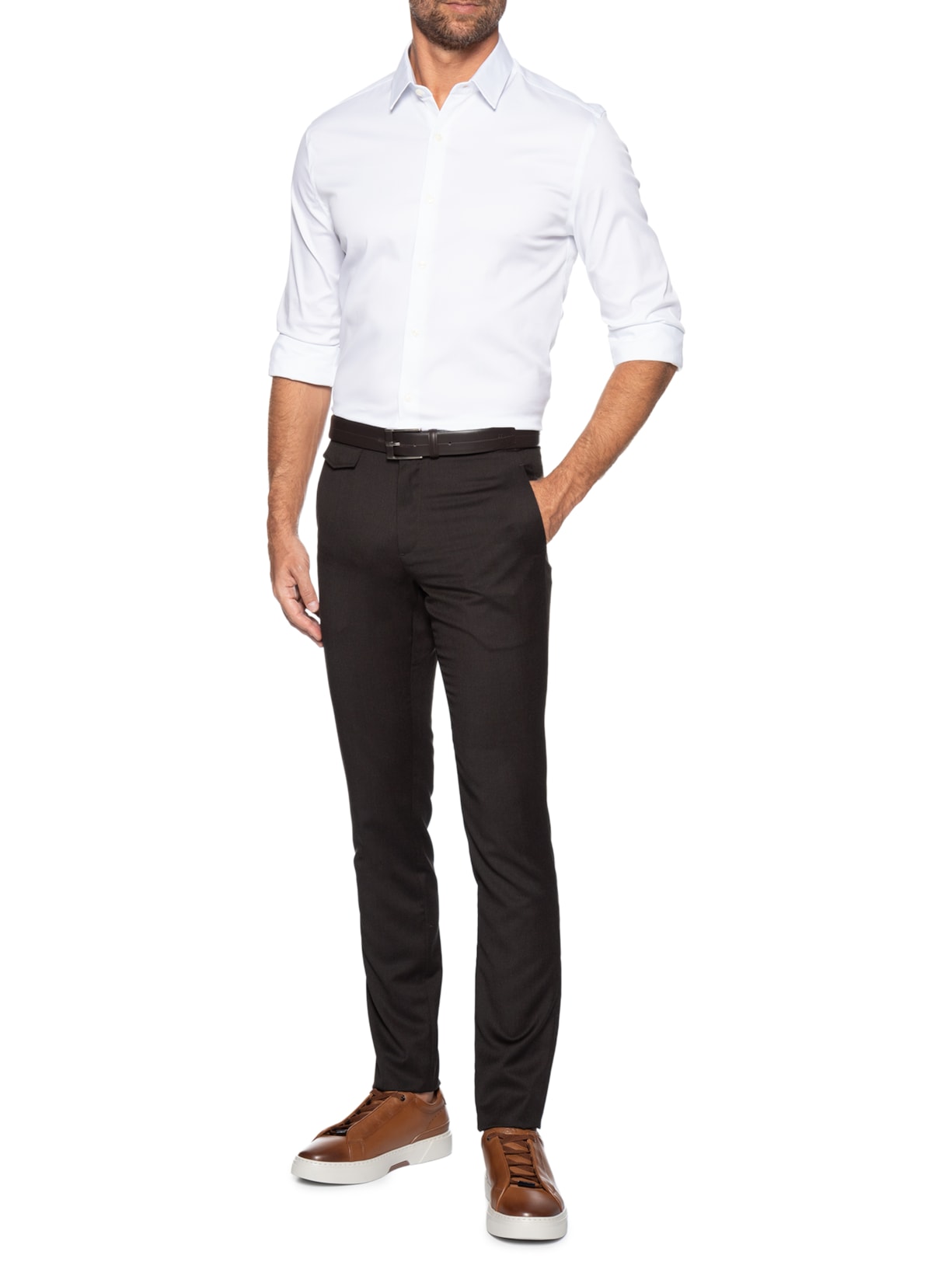 Calça Masculina Alfaiataria Cós Regular Bolso Portinhola Em Lã Marrom Ricardo Almeida
