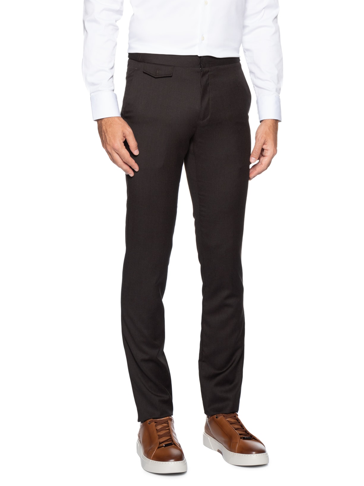 Calça Masculina Alfaiataria Cós Regular Bolso Portinhola Em Lã Marrom Ricardo Almeida
