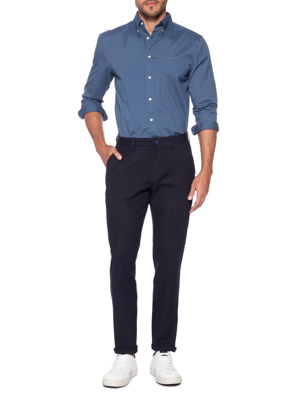 Calça Masculina Blend Linho Casual Reta Azul 2 Essential '2 Essential