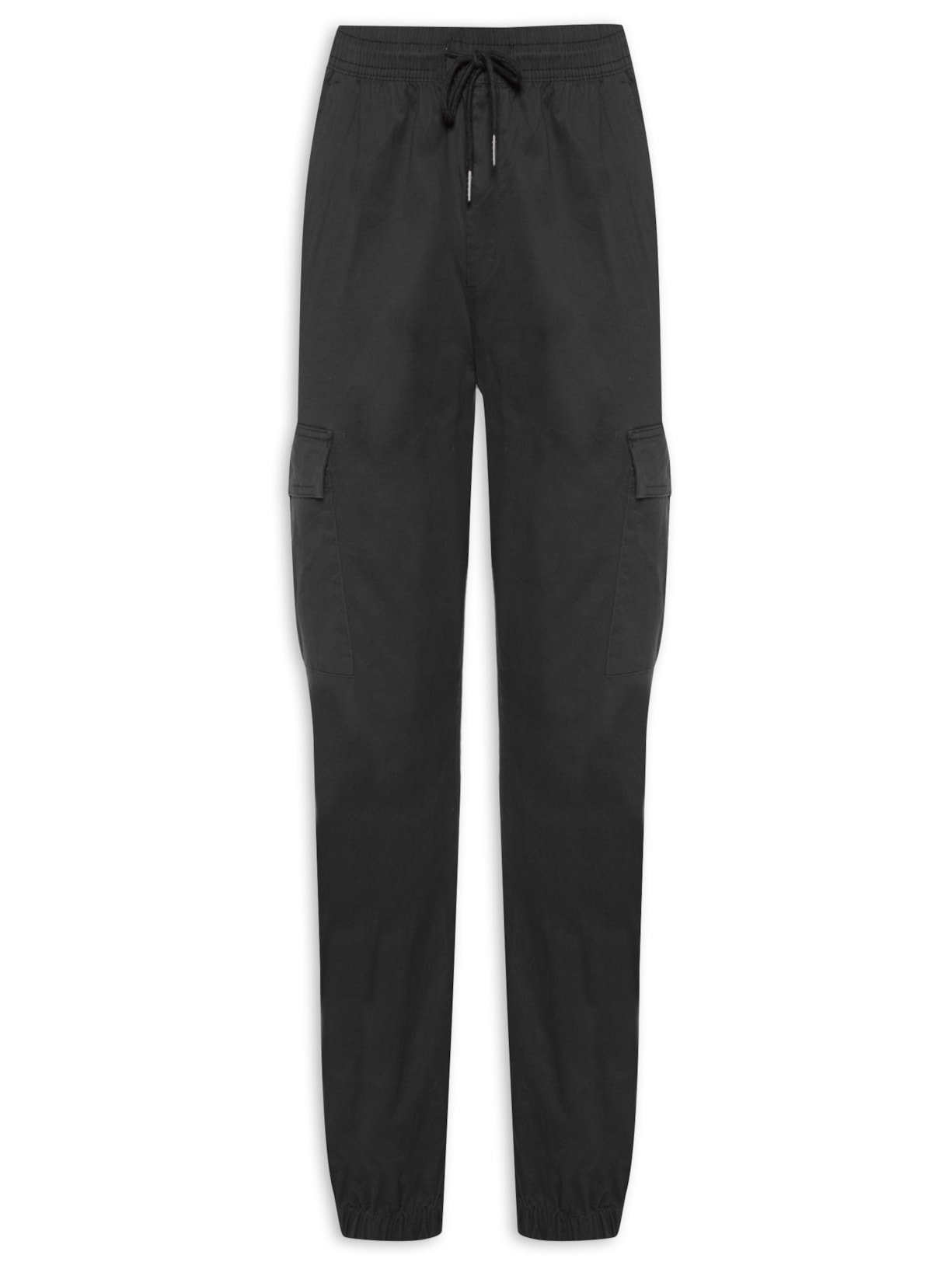 Calça Masculina Cargo Cós Elástico Em Sarja - Preto