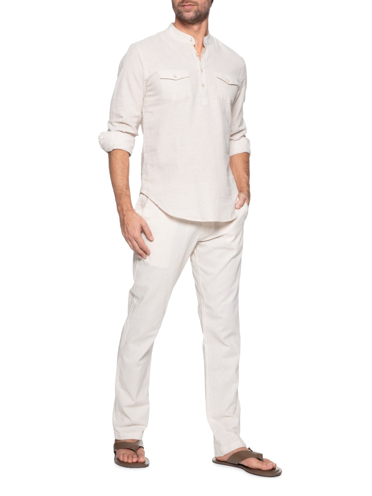 Calça Masculina Em Algodão Cós Elástico Reta Bege  '2 Essential