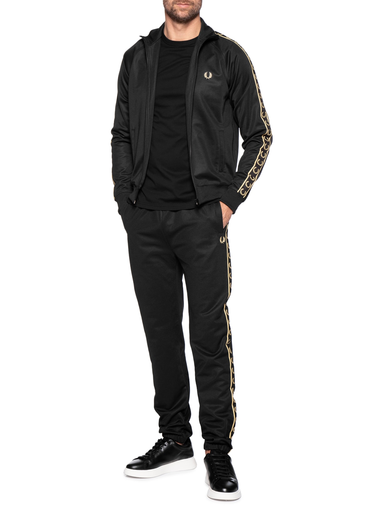 Calça Masculina Esportiva Jogger Detalhe Faixa Contrastante Preto Fred Perry