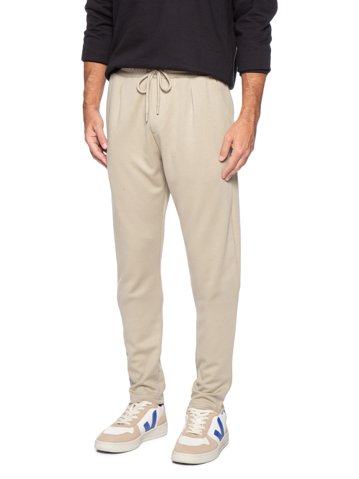 Calça Masculina Moletinho Reta Com Elástico Na Cintura Bege Basiq Men