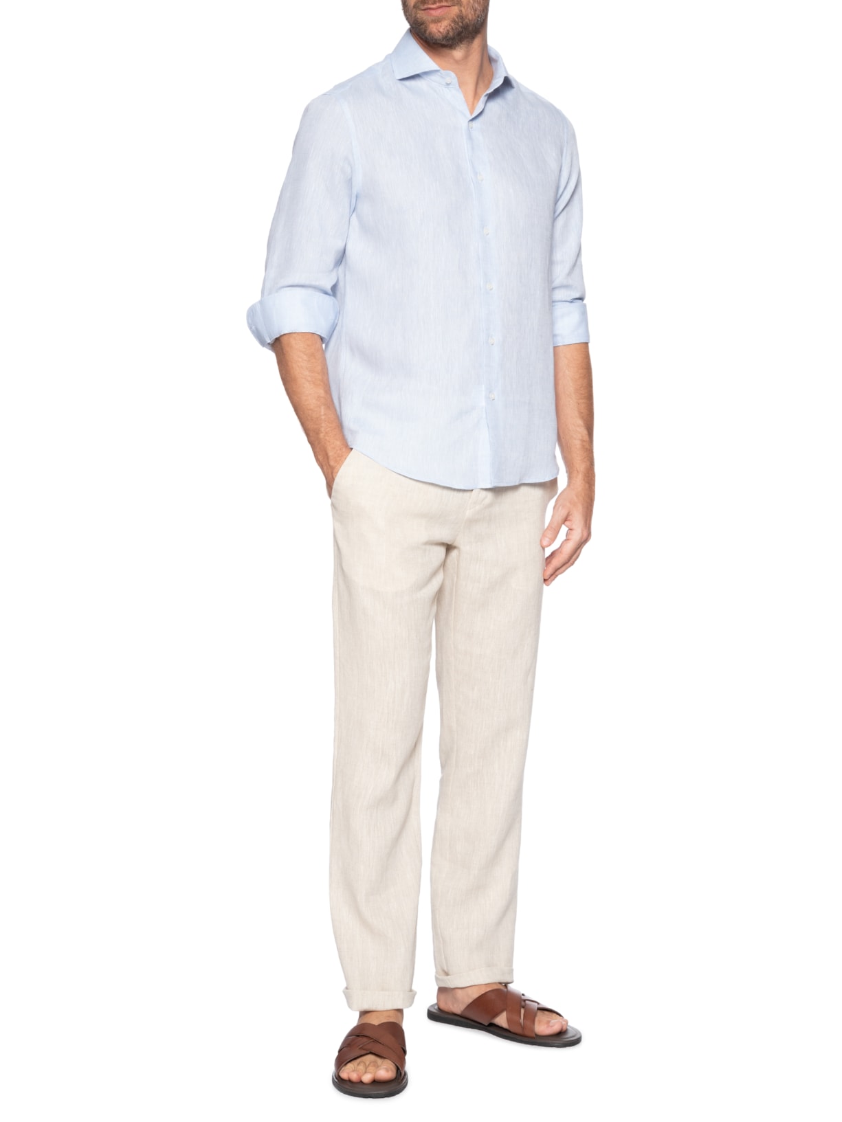 Calça Masculina Puro Linho 1/2 Elástico Bege Paramount Alfaiataria